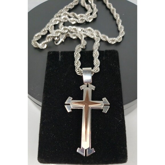 Vintage Stainless Steel 3D Cross Pendant Thick 23" Rope Necklace - Picture 9 of 16